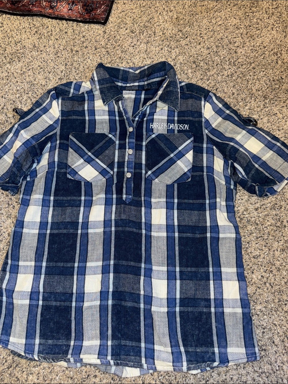 Harley-Davidson Navy, White & Light Blue Plaid Short-Sleeve Shirt